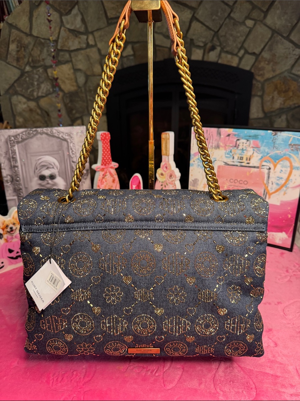 Kurt Geiger Rare XXL Battersea Denim Sparkle Bag - Dark Gold Chain NWT - Picture 4 of 17